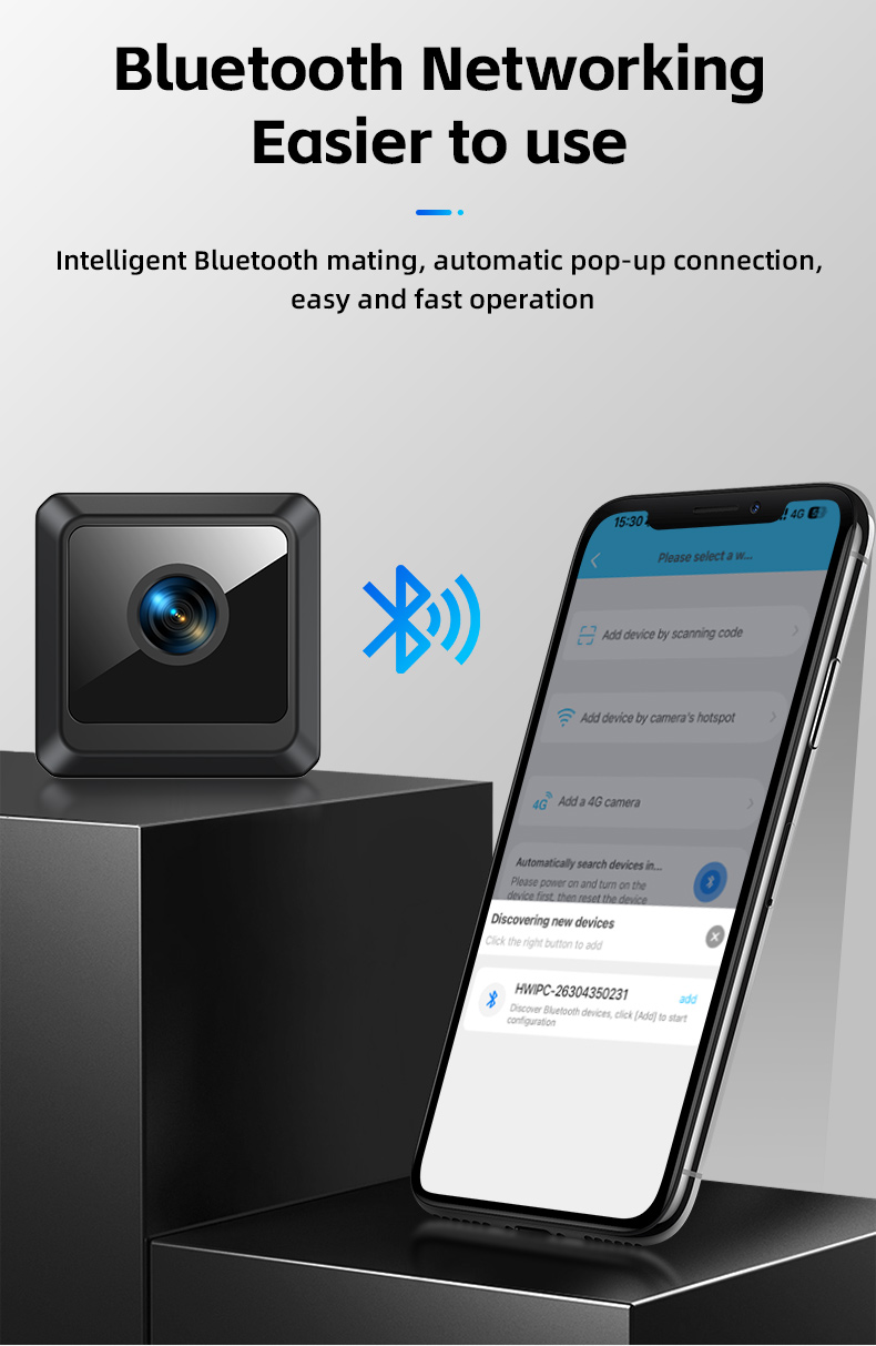 Smartphone displaying live feed from mini WiFi camera via remote app over WiFi and Bluetooth