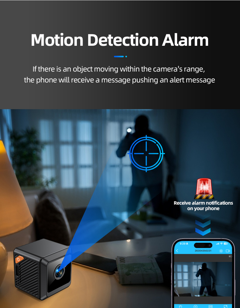 Mobile phone screen showing motion detection alert from mini security camera in real-time