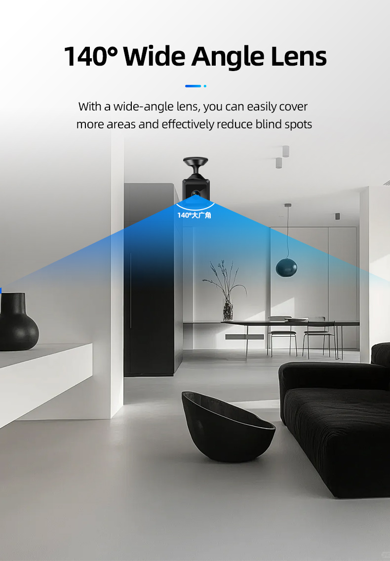 Illustration showing 140-degree wide-angle camera coverage area minimizing blind spots”