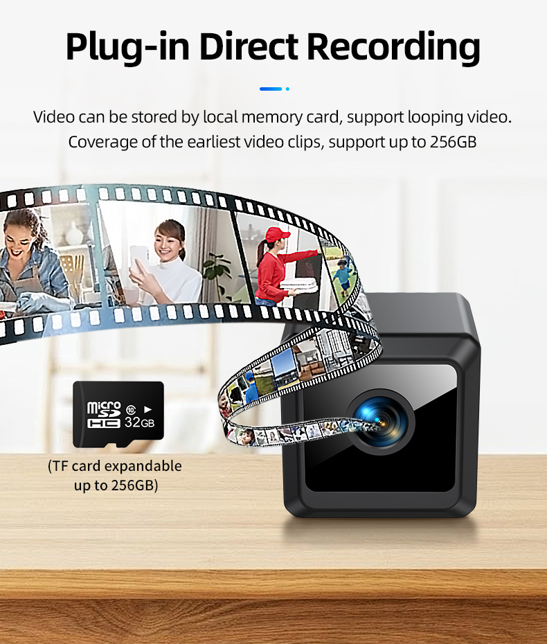 Micro SD card being inserted into mini WiFi camera supporting up to 256GB storage capacity