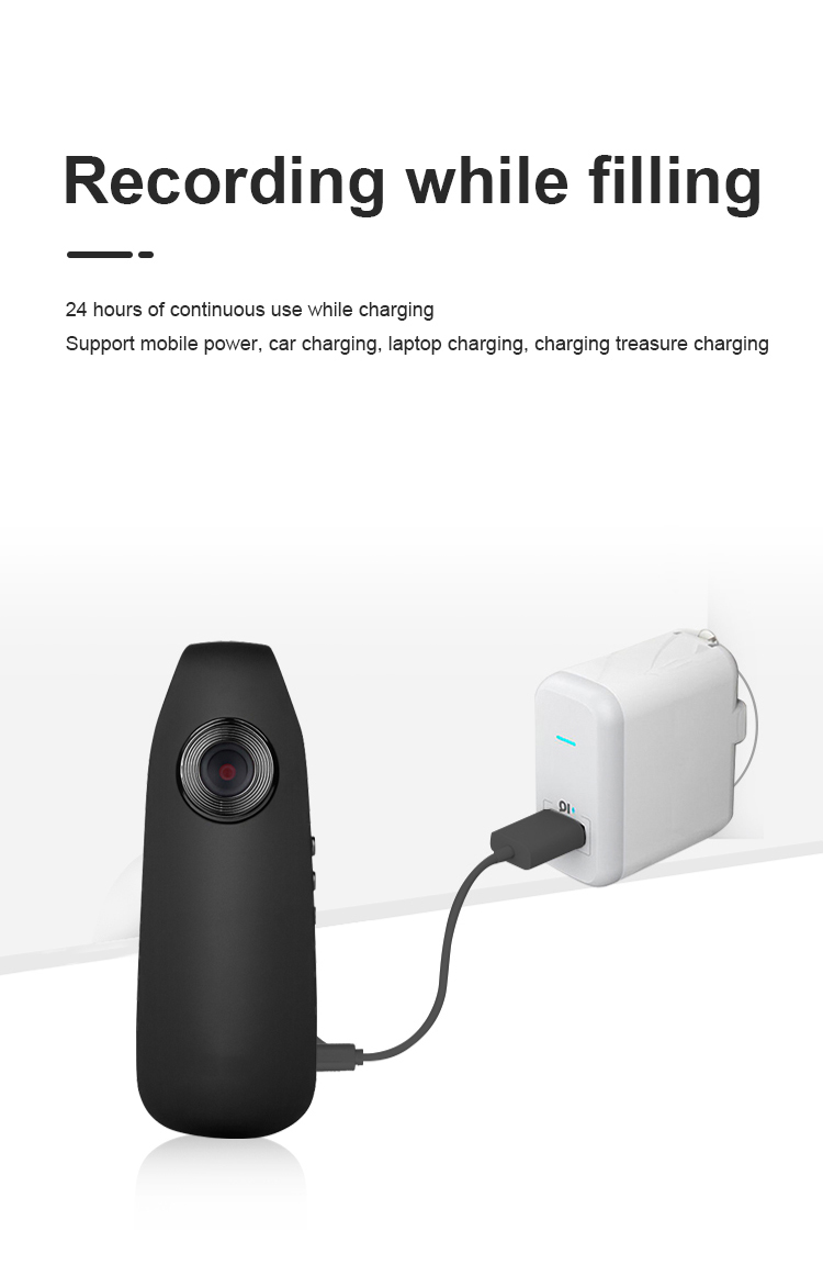 Mini body cam recording while connected to a USB power source