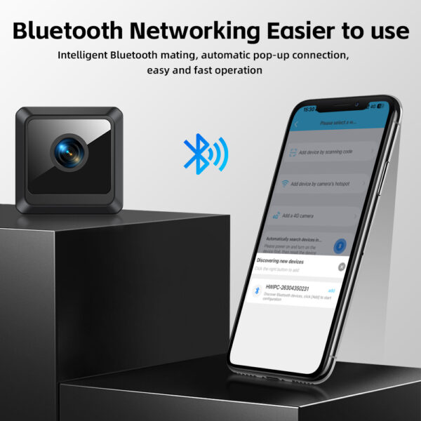 Smartphone displaying live feed from mini WiFi camera via remote app over WiFi and Bluetooth
