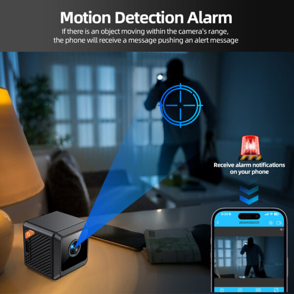 Mobile phone screen showing motion detection alert from mini security camera in real-time