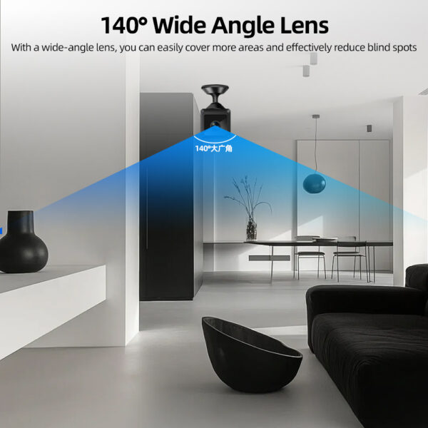 Illustration showing 140-degree wide-angle camera coverage area minimizing blind spots