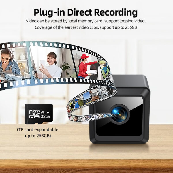 Micro SD card being inserted into mini WiFi camera supporting up to 256GB storage capacity
